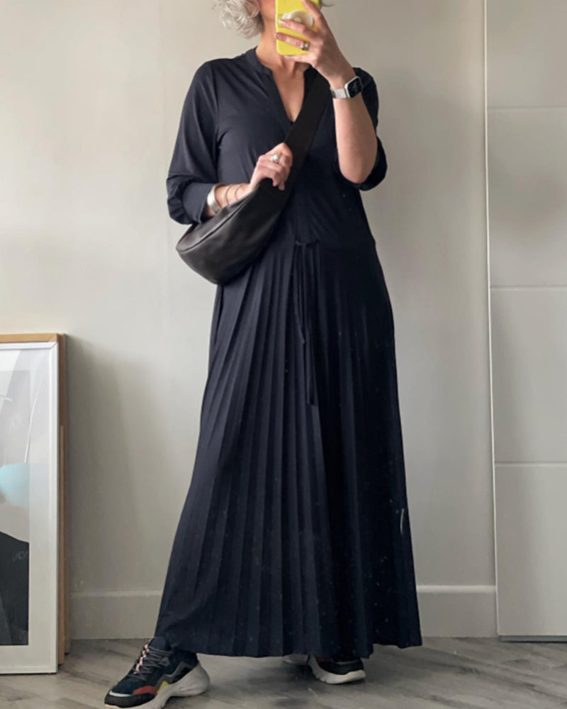 Modefest- Einfarbiges, plissiertes Kleid mit V-Ausschnitt Schwarz