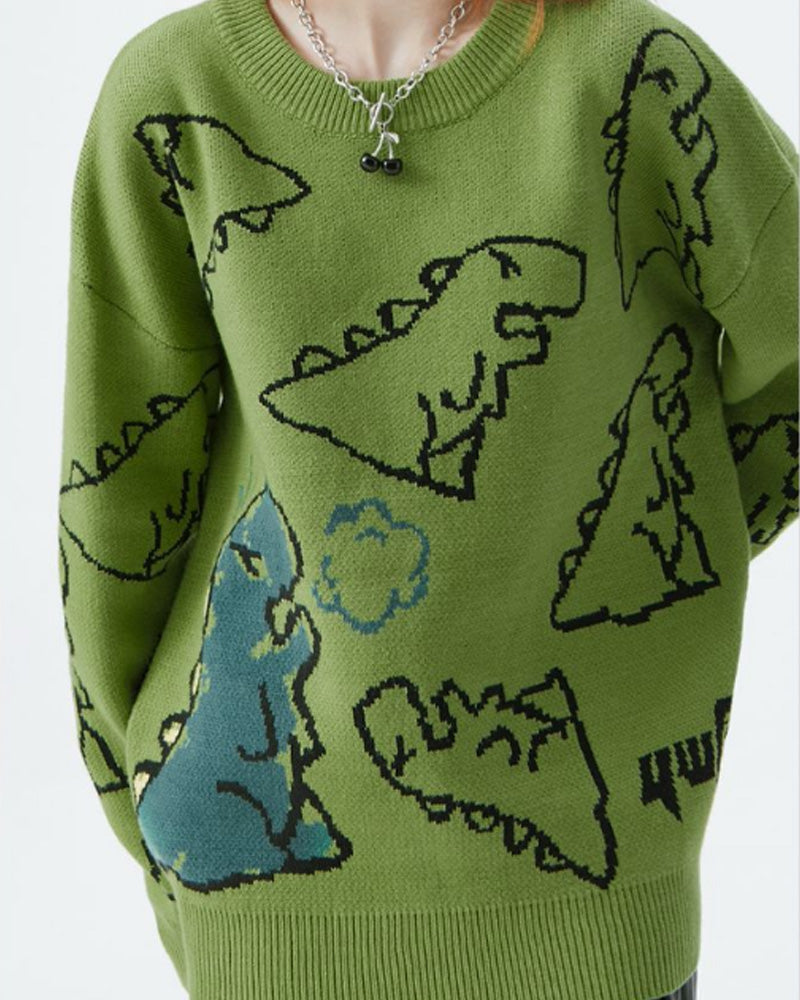 Casual round neck sweater with dinosaur pattern