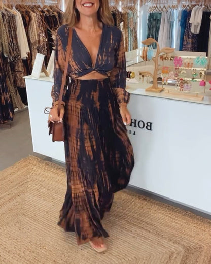 Vintage printed deep V-neck long sleeve set