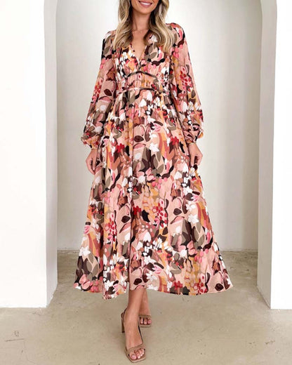 Elegant floral print dress with lantern sleeves