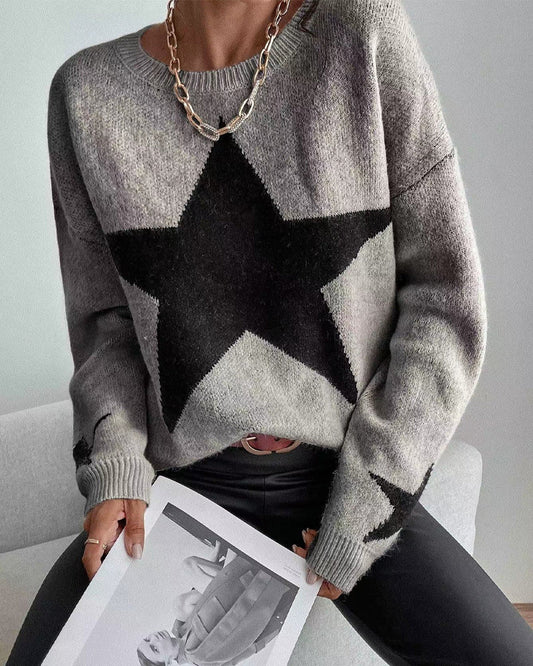 Modefest- Lässiger Pullover mit fünfzackigem Sternmuster Grau
