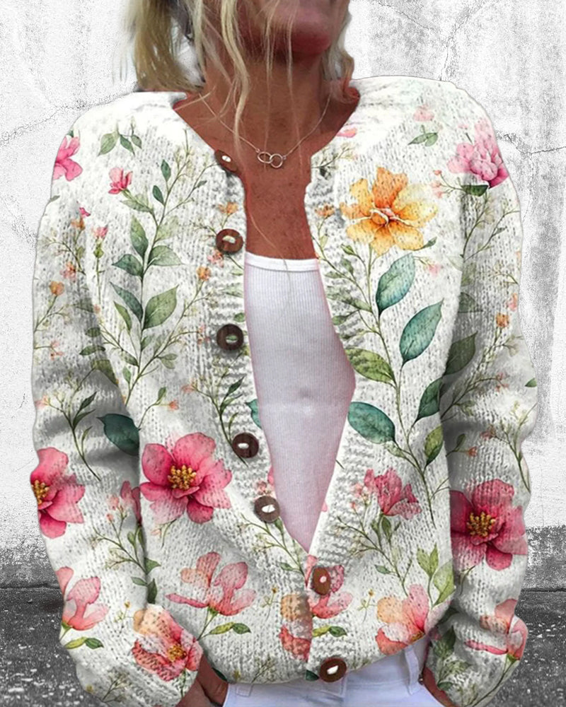 Lässiger Cardigan mit Blumenknöpfen und langen Ärmeln