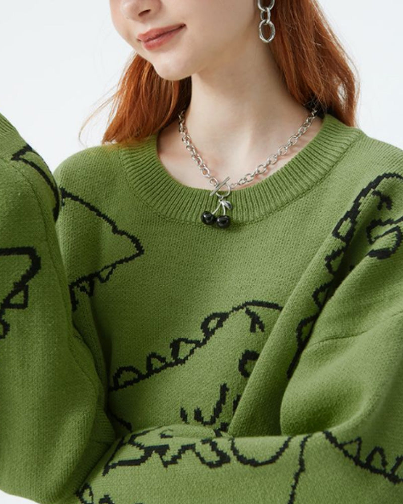 Casual round neck sweater with dinosaur pattern