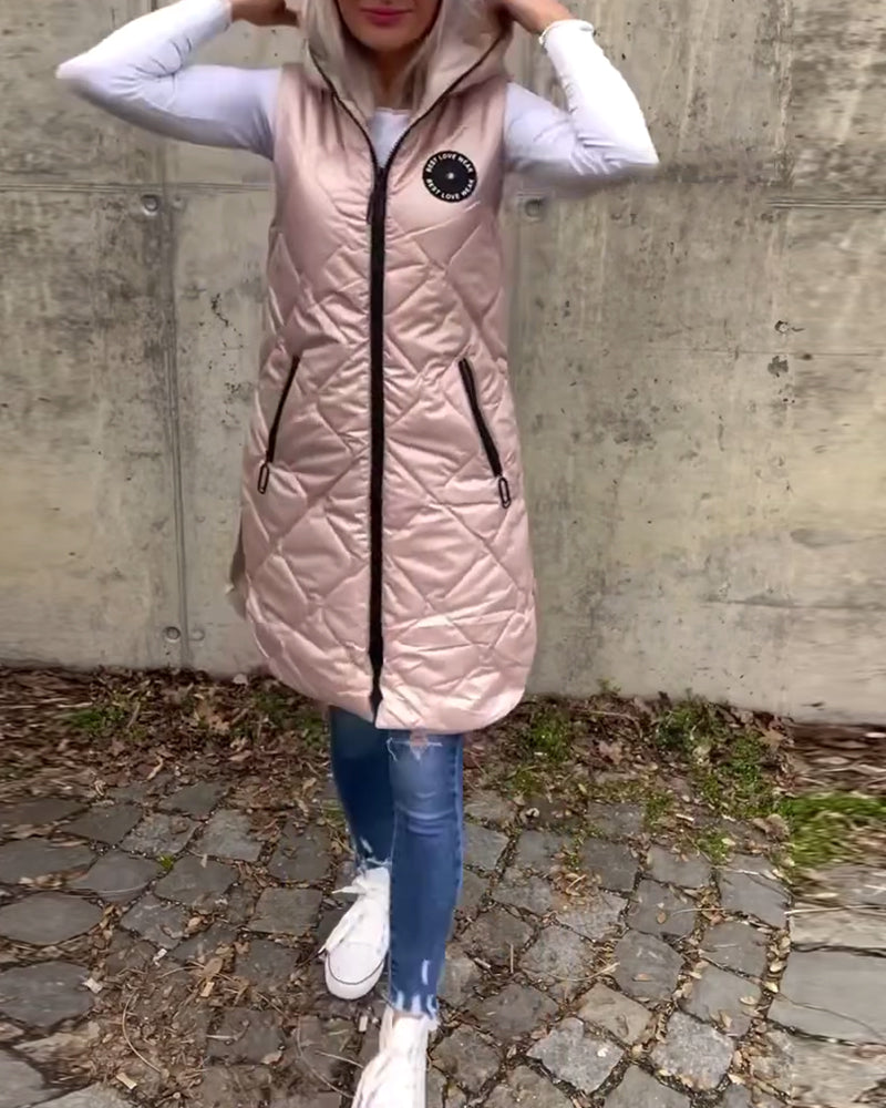 Ärmellose, lässige Steppjacke mit Kapuze und Reißverschluss