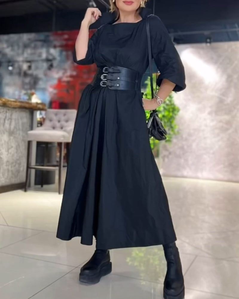 Modefest- Elegantes einfarbiges Kleid mit quadratischem Ausschnitt Schwarz