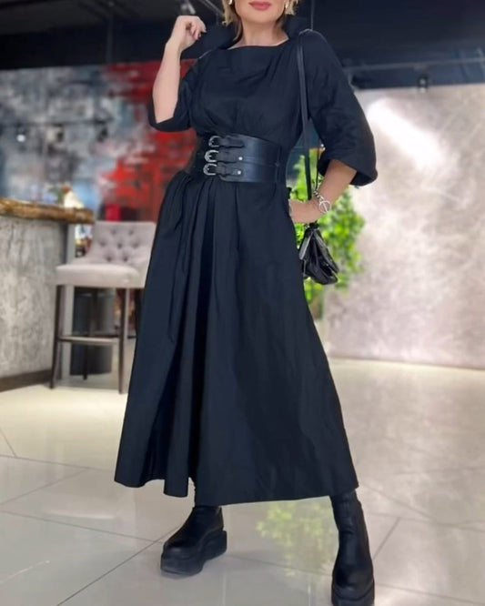 Modefest- Elegantes einfarbiges Kleid mit quadratischem Ausschnitt Schwarz