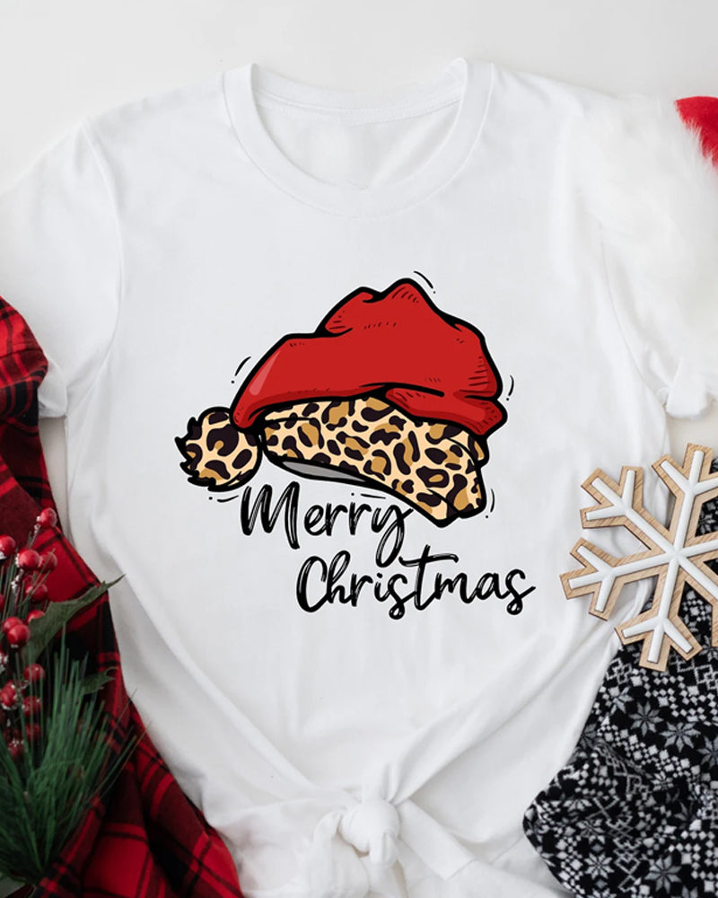 T-Shirt Frohe Weihnachten mit Leoparden-Weihnachtsmannmütze