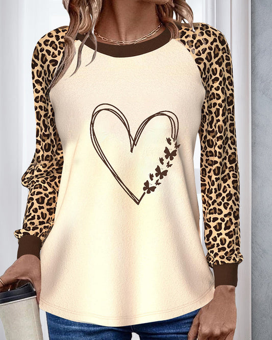 Patchwork top with leopard print and round neck