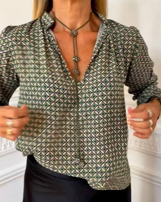 Modefest- Lässige Bluse mit geometrischem Print und V-Ausschnitt Grün