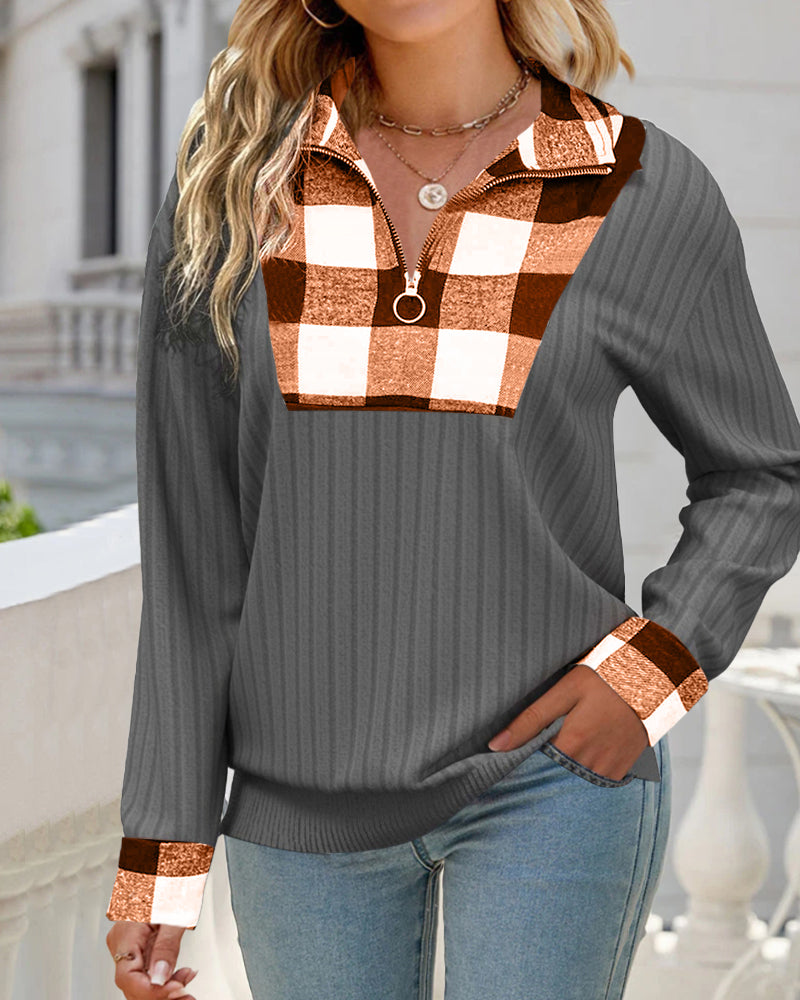 Gestreiftes farbblock-pullover-sweatshirt mit reißverschluss und revers