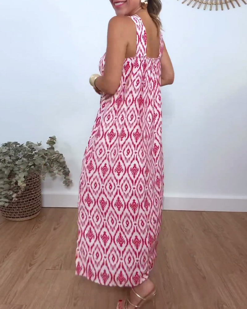 Printed sleeveless casual dress with slit