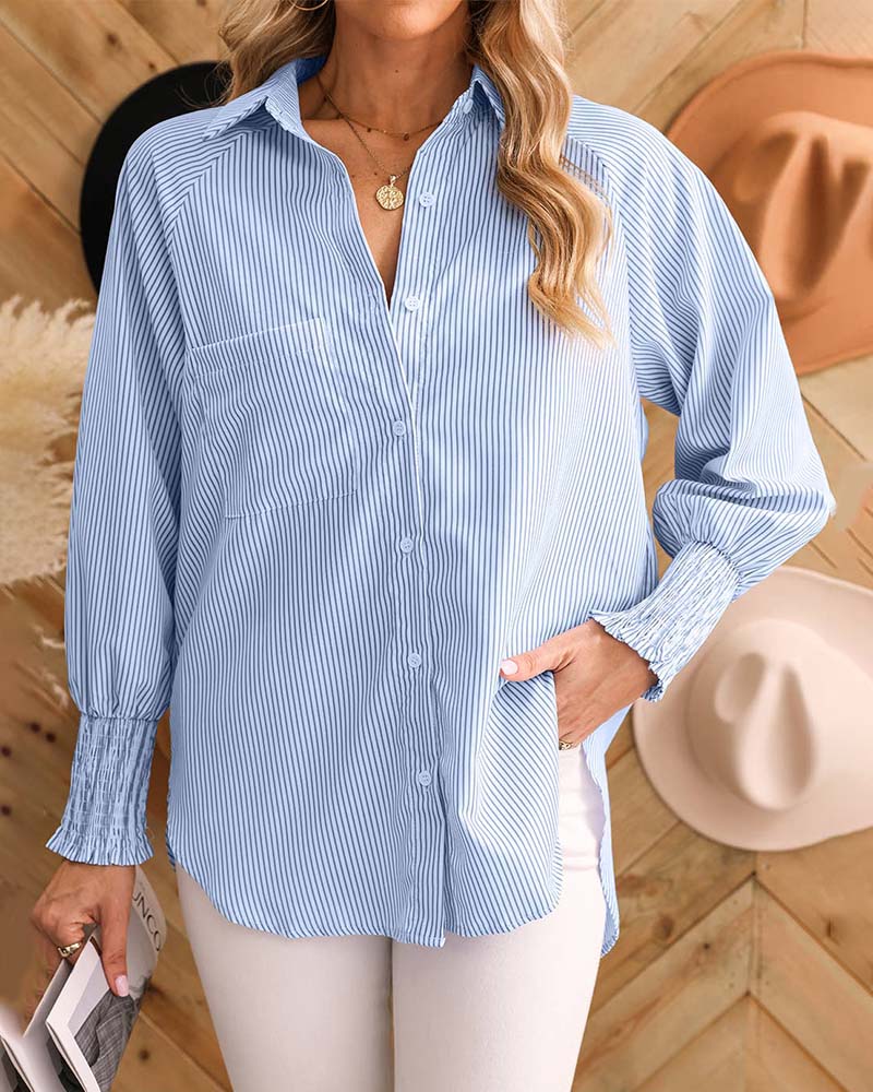 Casual striped shirt with lantern sleeves and lapels