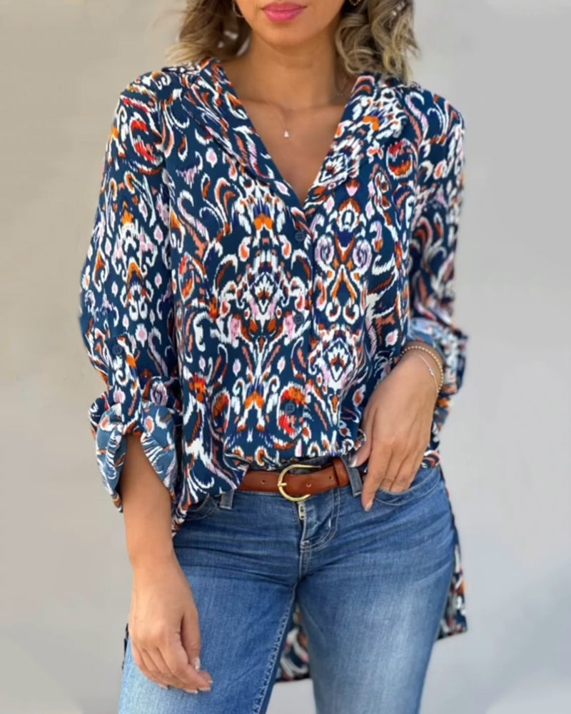 Modefest- Bluse mit V-Ausschnitt und Blumenmuster und langen Ärmeln Blau