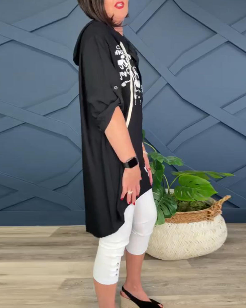 Blusa casual estampada com capuz e botão