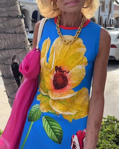 Vestido elegante sem mangas com padrão floral e gola redonda