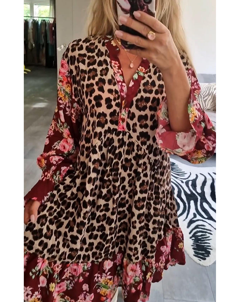 Fashionable bell sleeve dress with leopard floral print