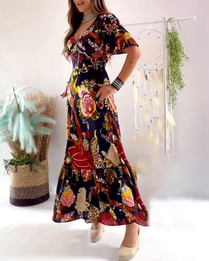 Elegant printed short sleeve V-neck dress