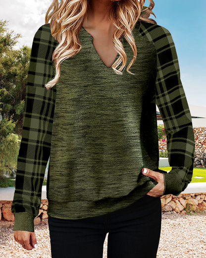 Casual plaid printed long sleeve v-neck top