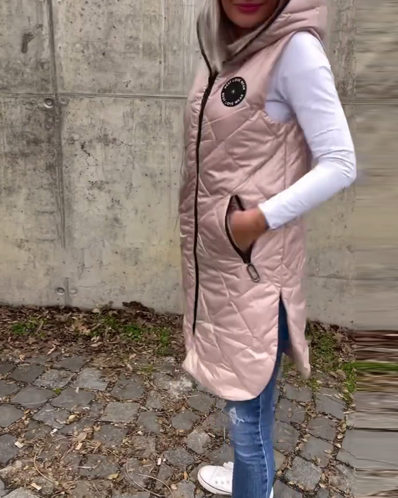 Ärmellose, lässige Steppjacke mit Kapuze und Reißverschluss