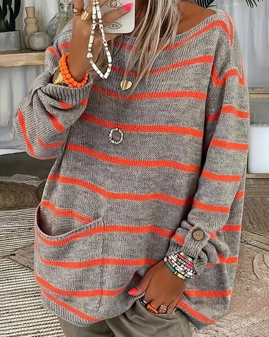 Modefest- Gestreifter lockerer Pullover mit langen Ärmeln Orange