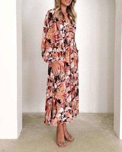 Elegant floral print dress with lantern sleeves