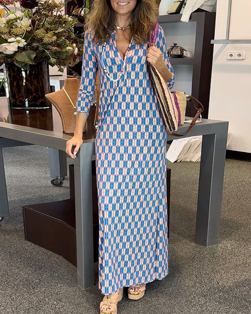 Casual printed v-neck slit dress