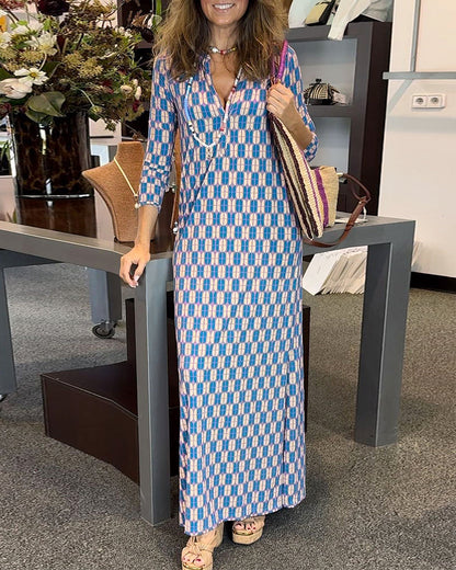 Casual printed v-neck slit dress