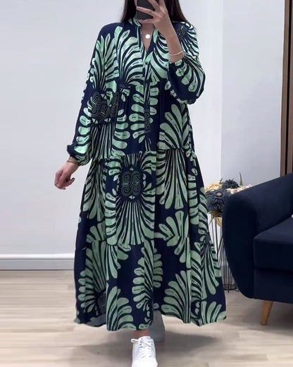 Modefest- Langes kleid mit stehkragen und langen ärmeln, patchwork-print