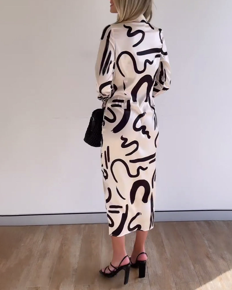 Fashionable printed dress with long sleeves and slit