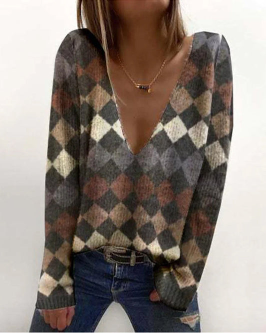 Modefest- Pullover mit geometrischem Print und V-Ausschnitt Grau