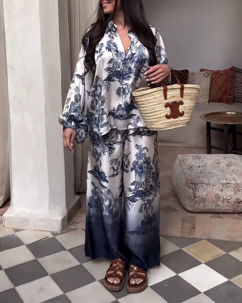Modefest- Zweiteiliger Anzug mit Laternenärmeln und Pflanzenfarbverlaufsdruck