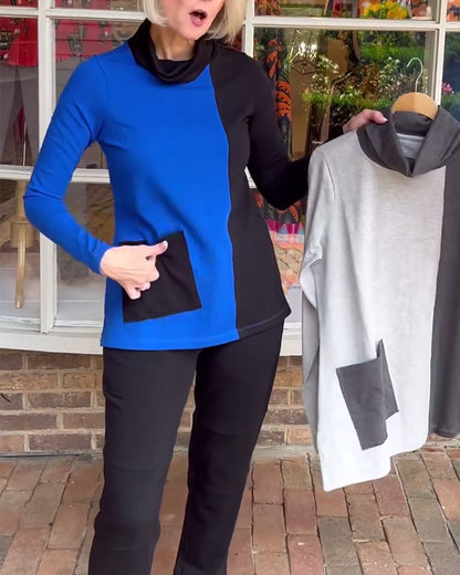 Casual sweatshirt with turtleneck and pocket in color block print