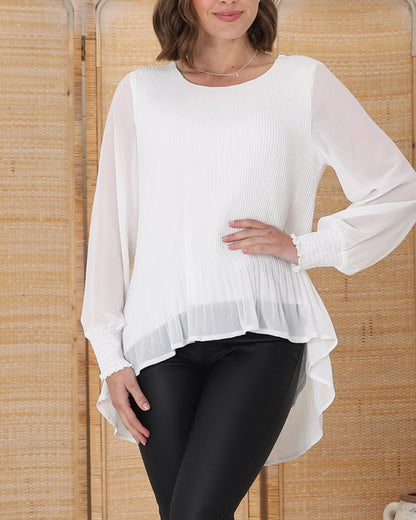 Casual solid color top with round neck, pleated and long sleeves