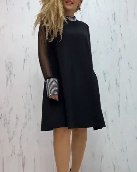 Modefest- Elegantes A-Linien-Kleid mit langen Ärmeln Schwarz