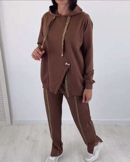 Casual solid color hoodie set with slit