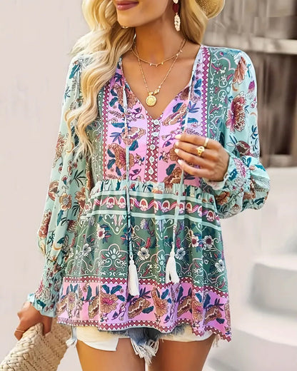 Ethnic style lantern sleeve blouse