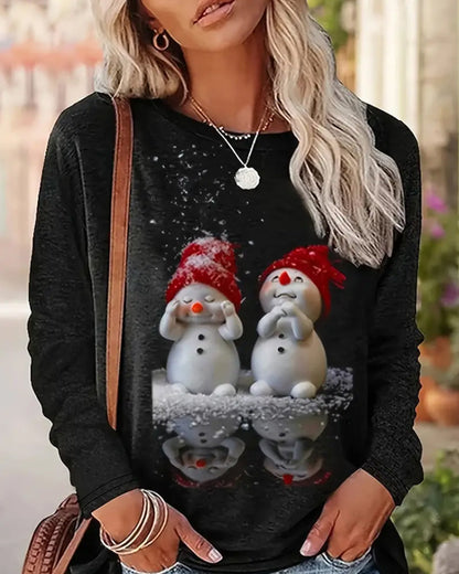 Lässiges Langarmshirt mit Rundhalsausschnitt und Schneemann-Print