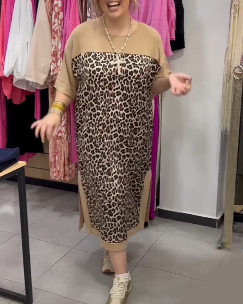 Modefest- Freizeitkleid mit kontrastierendem leopardenmuster