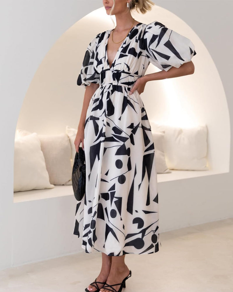 Modefest- Elegantes Kleid mit geometrischem Print, Puffärmeln und V-Ausschnitt