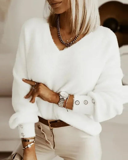 Modefest- Einfarbiger, schlichter Pullover mit V-Ausschnitt Weiß
