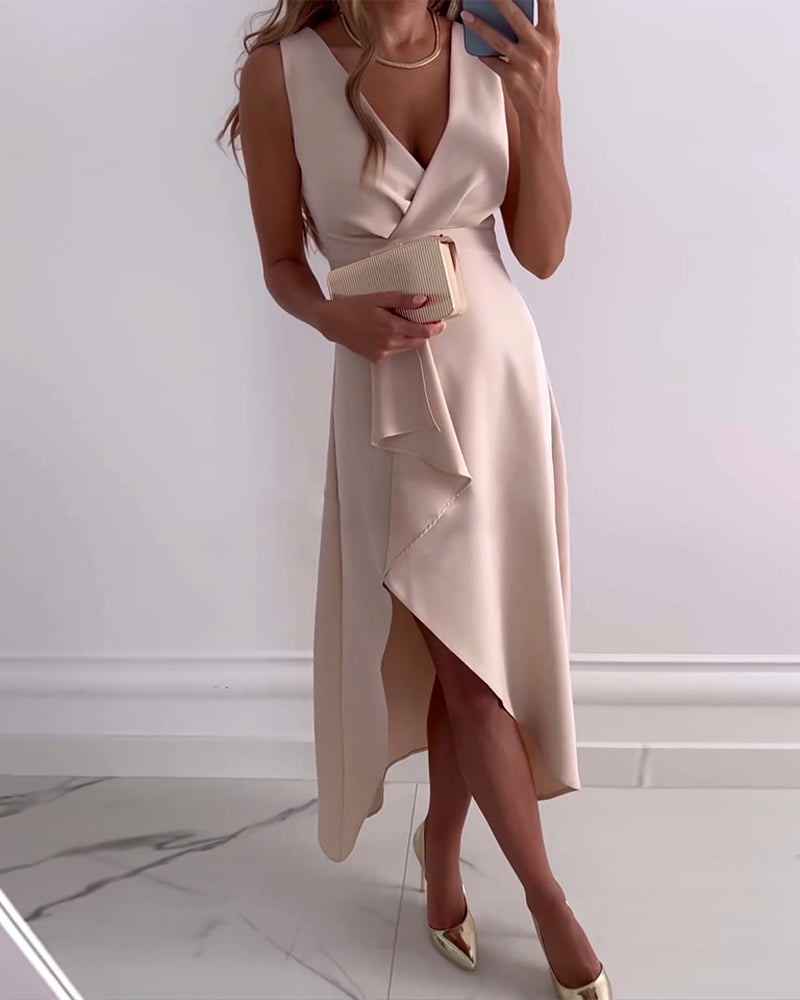 Modefest- Ärmelloses, unregelmäßiges, elegantes Kleid mit V-Ausschnitt