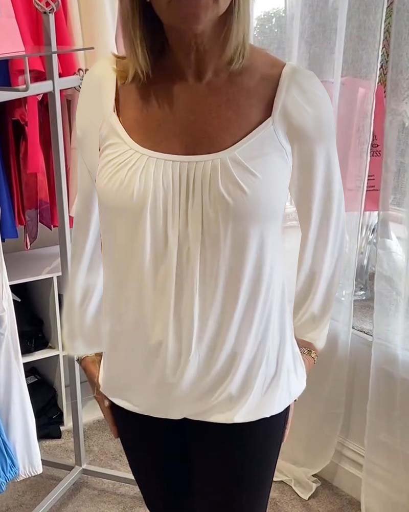 Pleated solid color long sleeve casual top