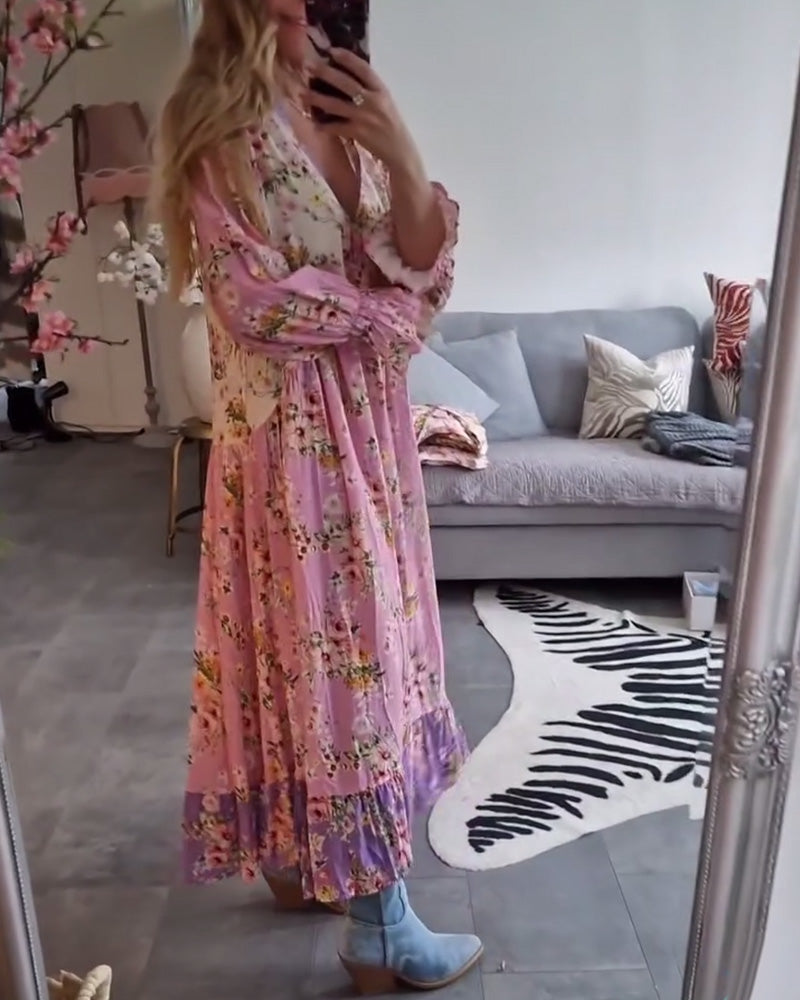 Robe longue élégante à col en V et imprimé floral