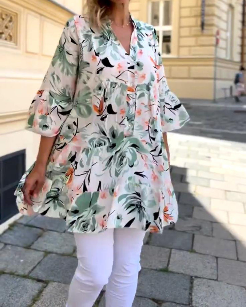 Blouse élégante col V à imprimé fleuri