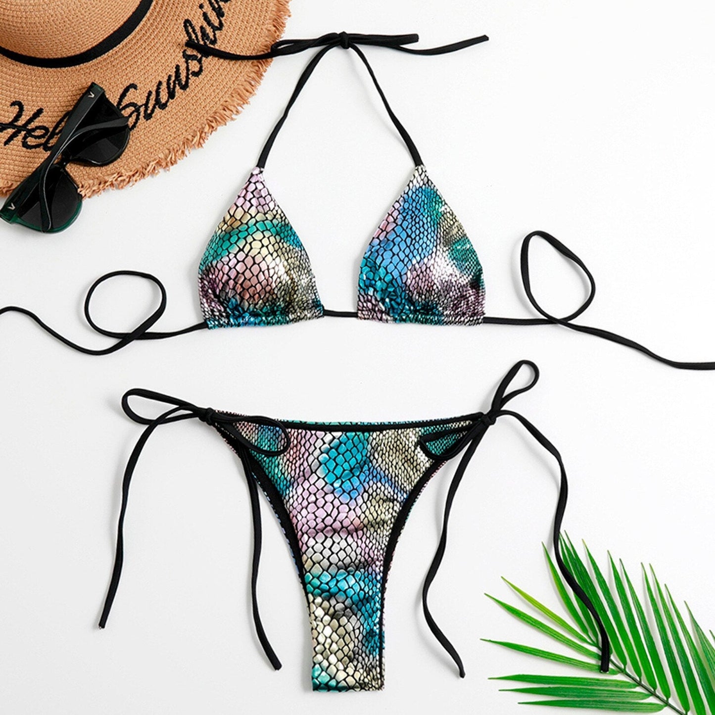 Modefest- Micro-Bikini-Set Neckholder-Bademode Damen Schlangen-Badeanzug weibliche Badegäste zweiteiliger hoch geschnittener Badeanzug Biquini mehrfarbiger Schlangen-Badeanzug