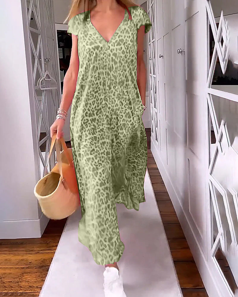 Modefest- Langes, bedrucktes Kleid mit V-Ausschnitt und kurzen Ärmeln Dunkel grün