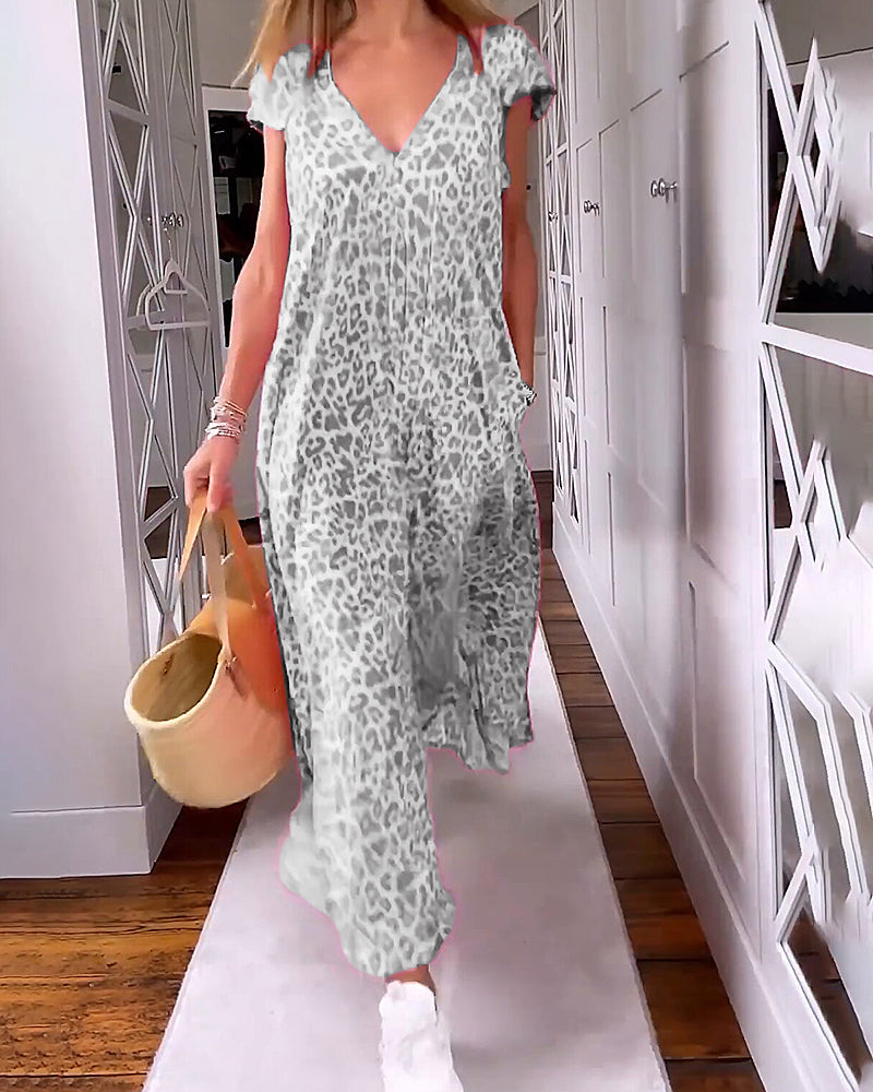 Modefest- Langes, bedrucktes Kleid mit V-Ausschnitt und kurzen Ärmeln Grau