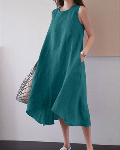 Modefest- Ärmelloses Kleid aus einfarbigem Baumwollleinen