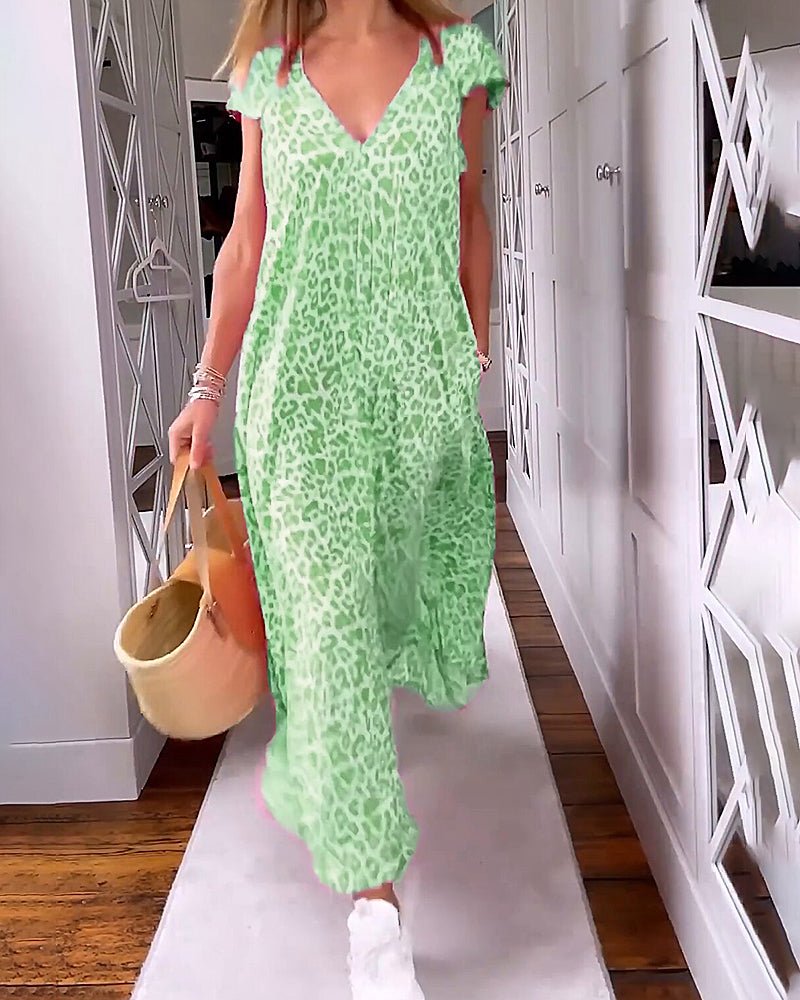Modefest- Langes, bedrucktes Kleid mit V-Ausschnitt und kurzen Ärmeln Grün