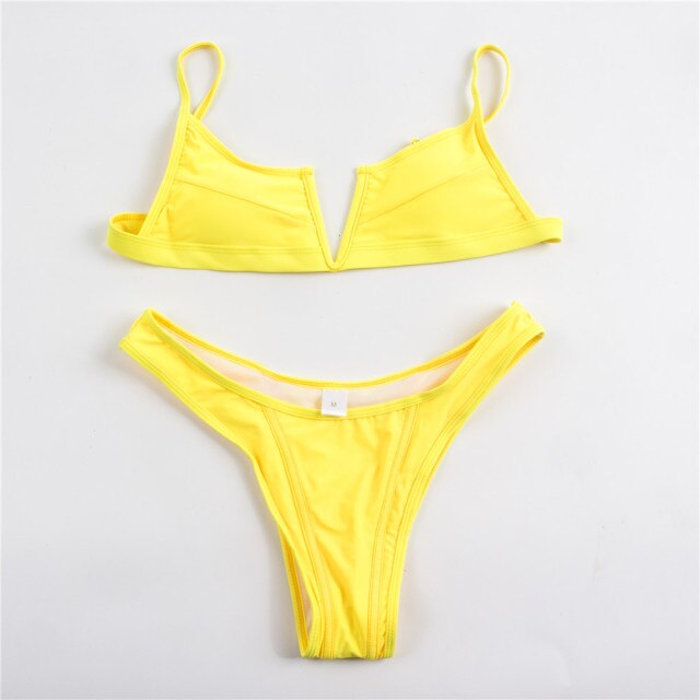 Modefest- Solide Bikini Frau V-Ausschnitt Badeanzug Bademode Frauen Heißer Verkauf Gepolsterte Bandage Weibliche Brasilianische Bikinis Bademode Frauen Biquini Gelb